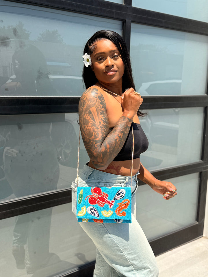 Seafood Party Beaded Bag-Blue